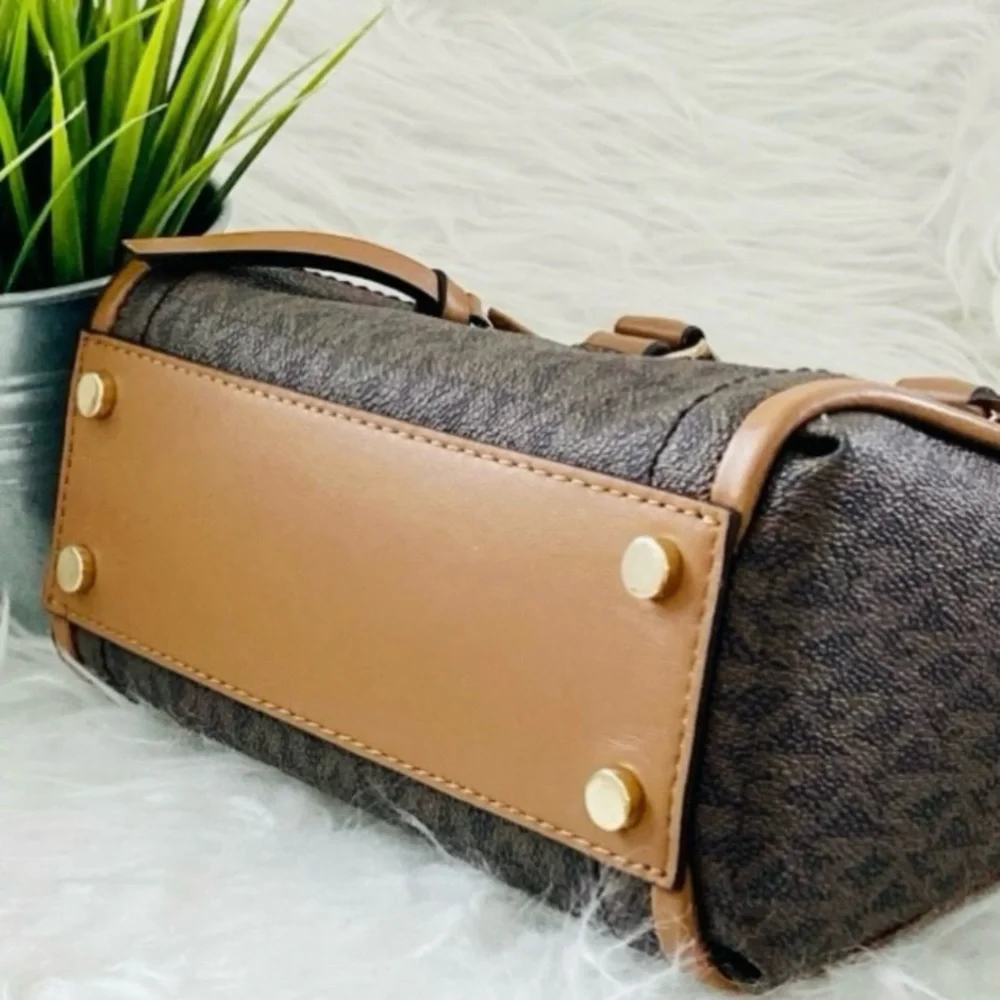 Michael Kors Carine Brown Monogram XS Satchel Crossbody Bag.